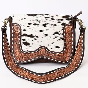 American Darling Genuine Leather Western Crossbody Bag with Tooled Strap & Hair